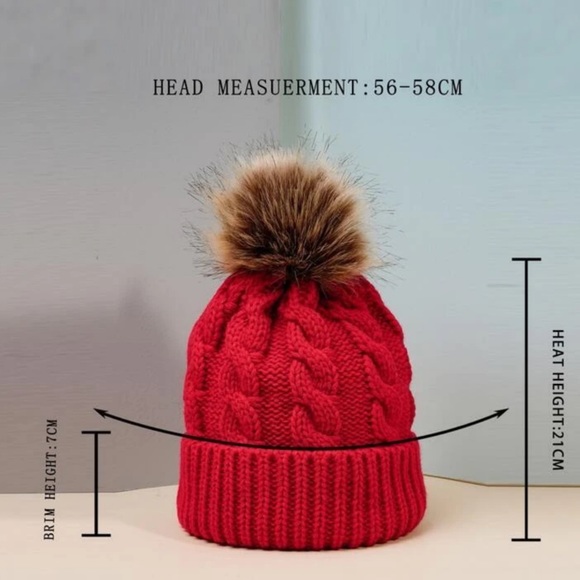 Red Pom-pom decor beanie hat. One size fits all. - Picture 3 of 6